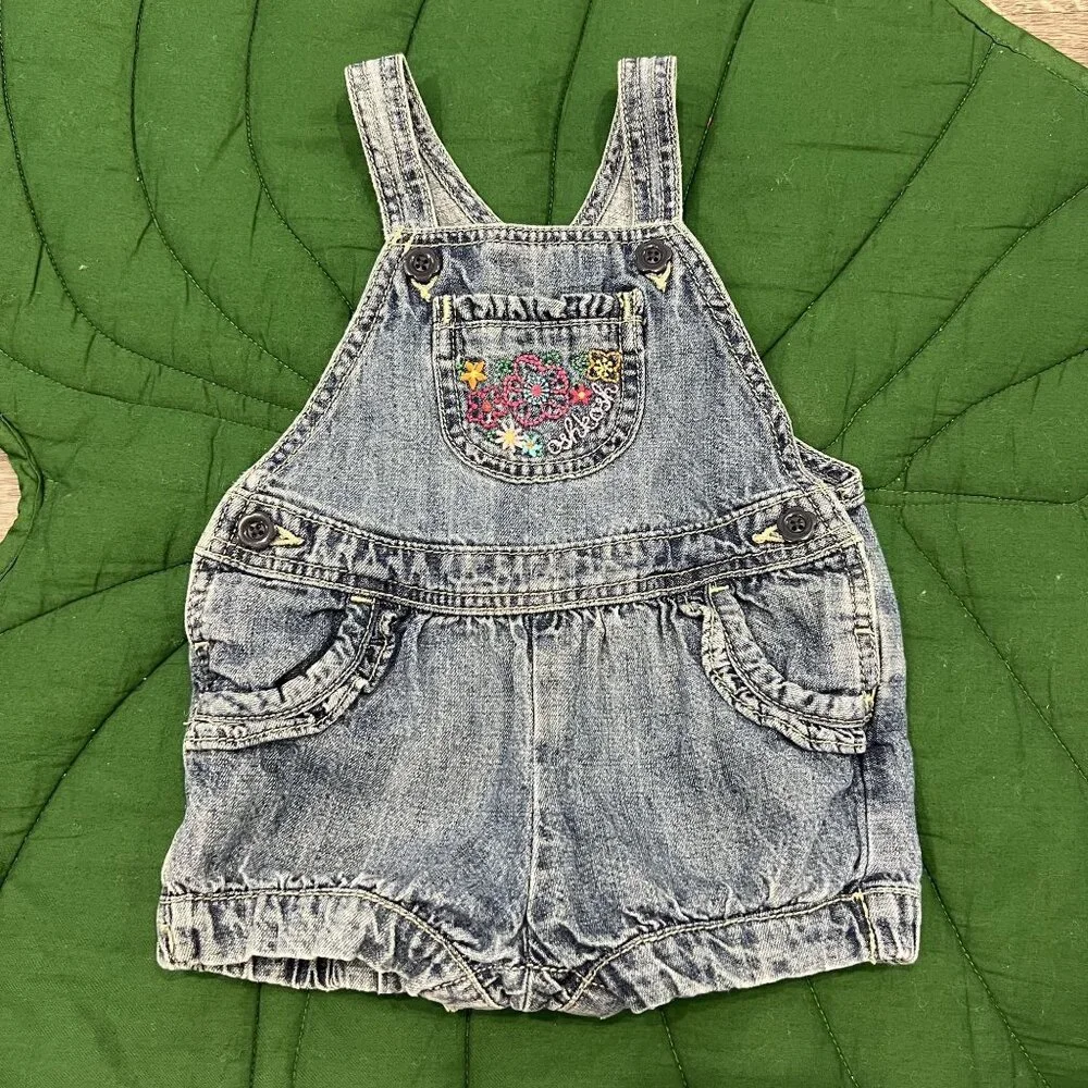 OshKosh B'Gosh 12M Denim Bubble Romper Overalls Floral Embroidered Jean